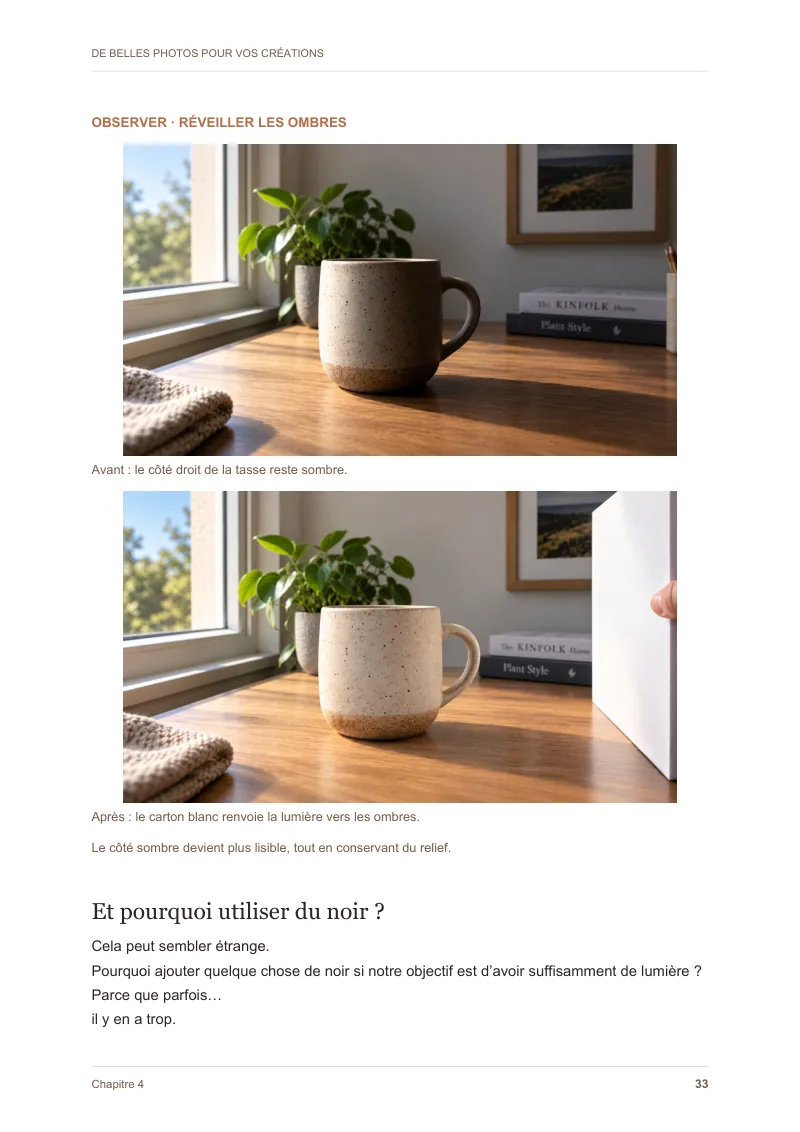 Page 33 du guide : comparaison avant et après utilisation d’un réflecteur blanc.
